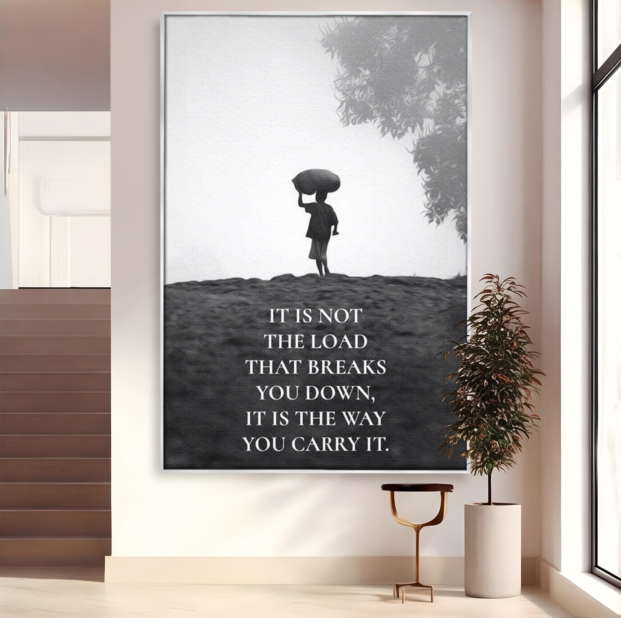Tablou canvas cu tablou motivational cu silueta si text, in rama de aluminiu argintiu